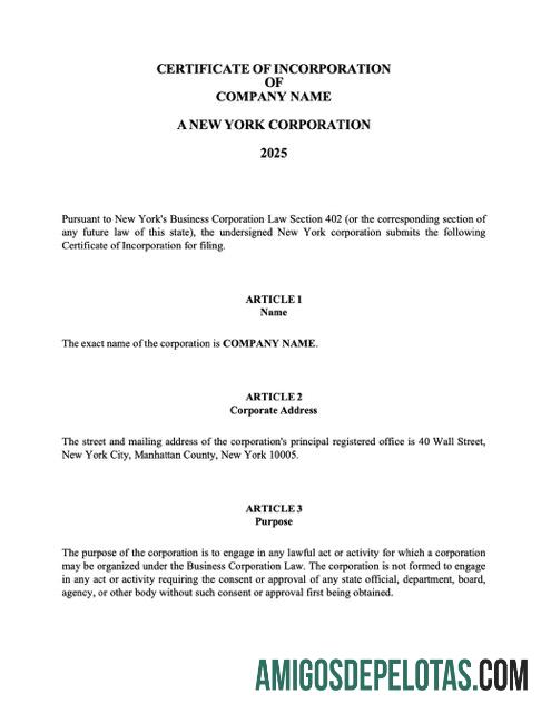 Certificado de incorporação realista dos EUA, Nova York, modelo Word e PDF, versão 2